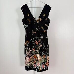 ZARA WOMAN Black Floral V Neck Cap Sleeve Sheath Dress Size M